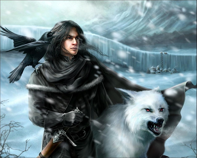 entertainment, night, art, hd, 720P, jon, watch, game, tv, wolves, snow, Night Watch, fantasy art, thrones, fantasy, x, ghost, series