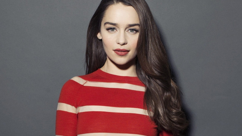 indoors, gray, portrait, hairstyle, Emilia Clarke, beauty, adult, red, one person, actress, headshot, women, studio shot, looking at camera, long hair