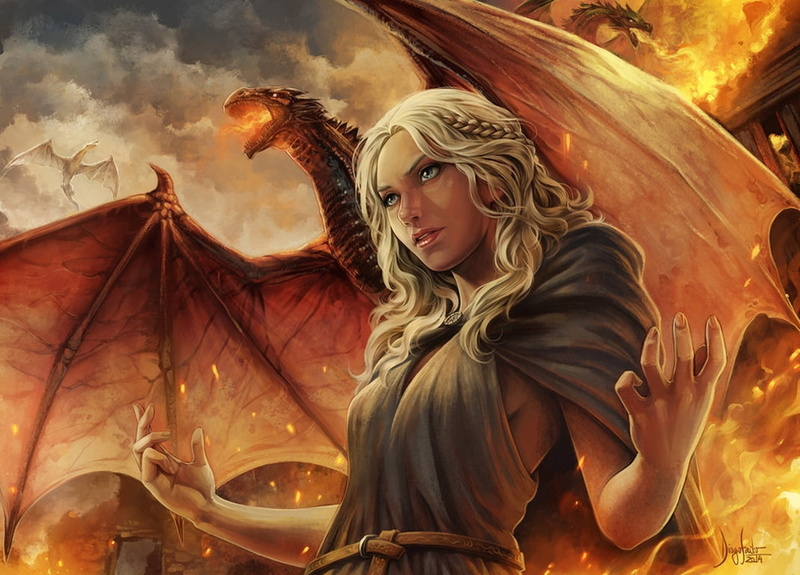 diogosaito, 480P, girl, dragon, mother, game of thrones, princess, fire, Daenerys Targaryen, fantasy, orange