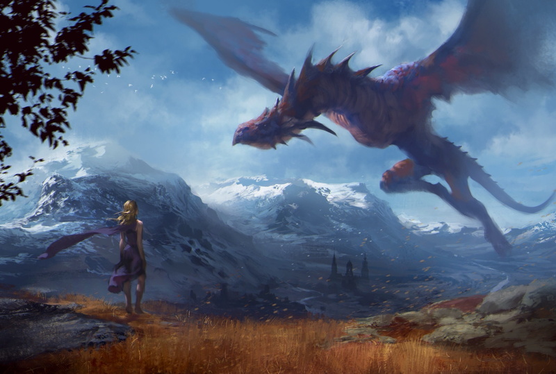 Art, 1080P, mountains, Daenerys Targaryen, dragon, game of thrones, Mother of Dragons, Girl, flight