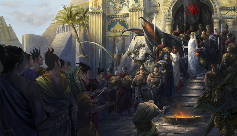 Mereen, building, crowd, lifestyles, religion, the crowd, dragons, group of people, built structure, spirituality, Daenerys, city, belief, offering, game of thrones