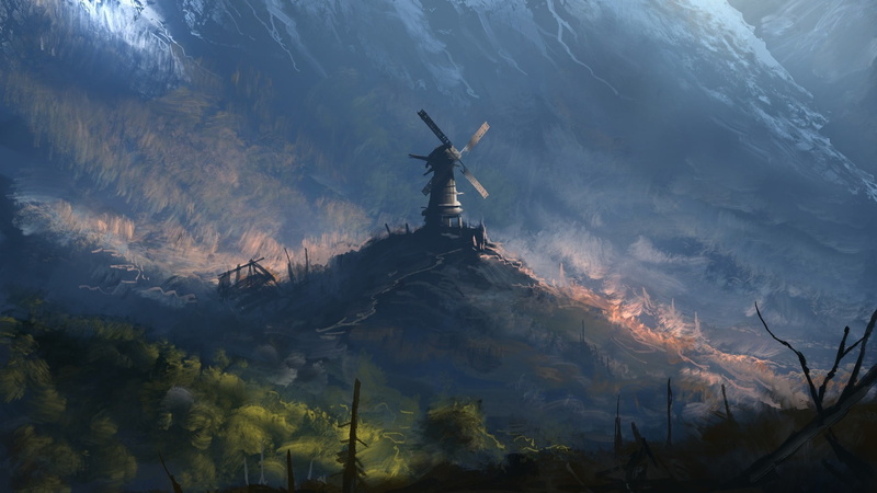 valley, artwork, digital art, trees, Denis Loebner, fantasy art, 1080P, windmill, nature