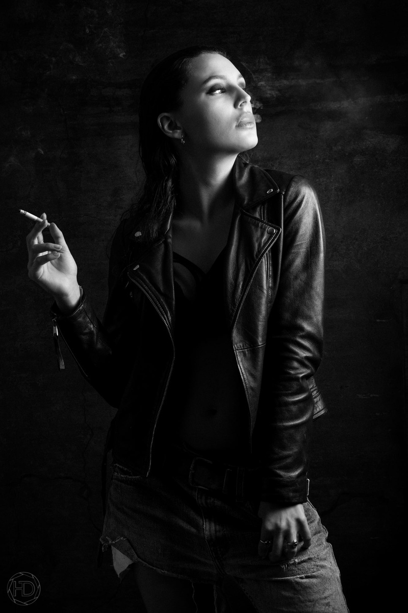 smoking, young adult, indoors, portrait, jacket, contemplation, three quarter length, leather, monochrome, standing, 500px, waist up, Havez Denis, women