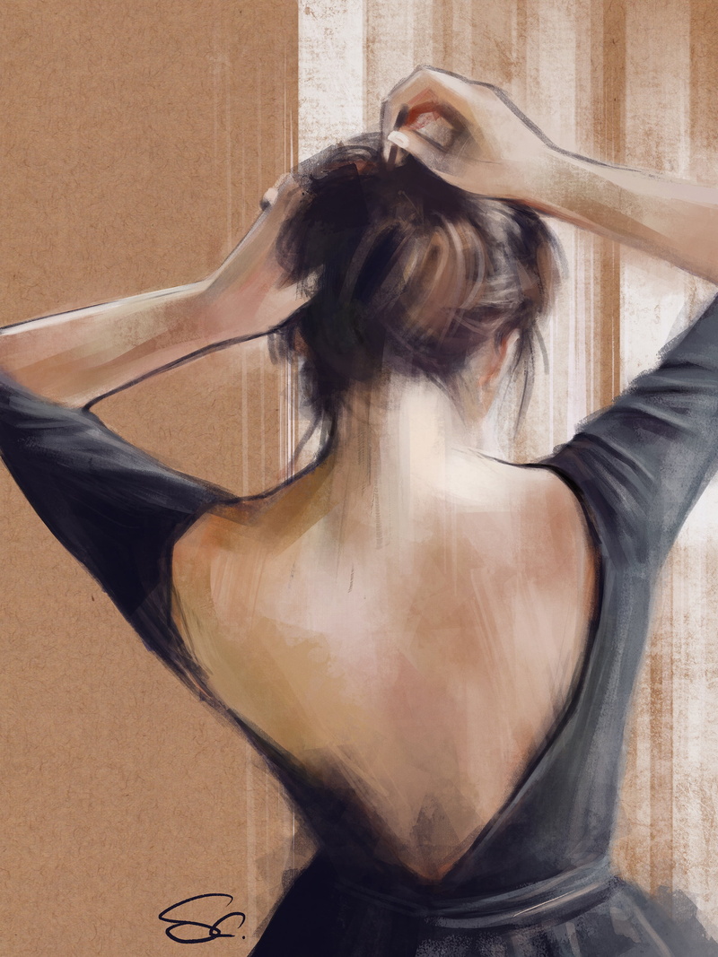 Backless Clothing, ArtStation, portrait display, brunette, Sonia Grobelny (Artist), drawing, hair pins, backless, women, back, 2K, arms up, digital art