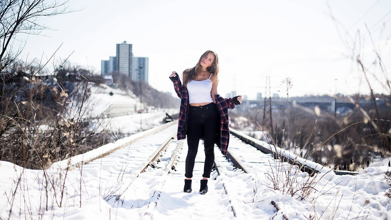 white tops, removing shirt, snow, model, Head tilt, city, women, plaid shirt, Steph Currie, 1080P, long hair, bridge, railroad track