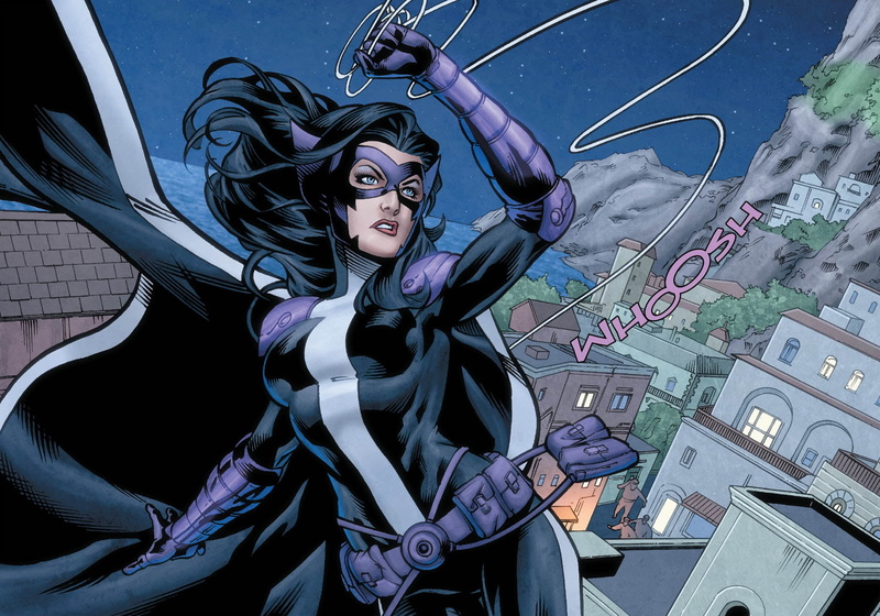 artwork, comics, girl, superhero, DC Comics, 1080P, fantasy art, Huntress, costume, city, buildings, mask, superheroine, blue eyes, fantasy