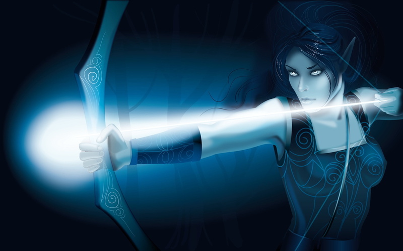 warriors, hd, huntress, female, fantasy, Blue, 2K, bow, illustrations, monochrome, art, artwork, weapon