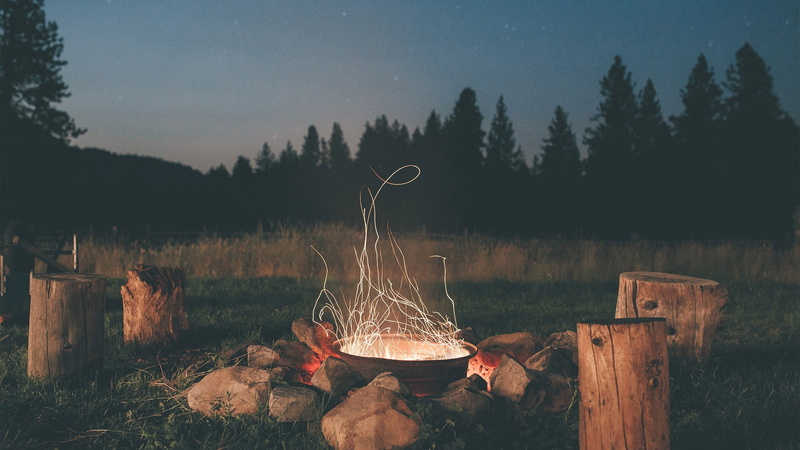 long exposure, 1080P, fire, campfire, tree stump, field