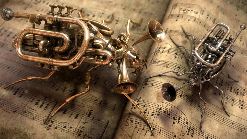 hd, x, paper, 1080P, art, entertainment, Music, instruments, steampunk, bugs