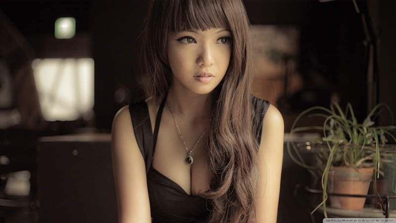 sleeveless, hairstyle, looking at camera, long hair, headshot, Asian, black dress, woman, brown hair, hair, s, young adult, indoors, young women, 1080P