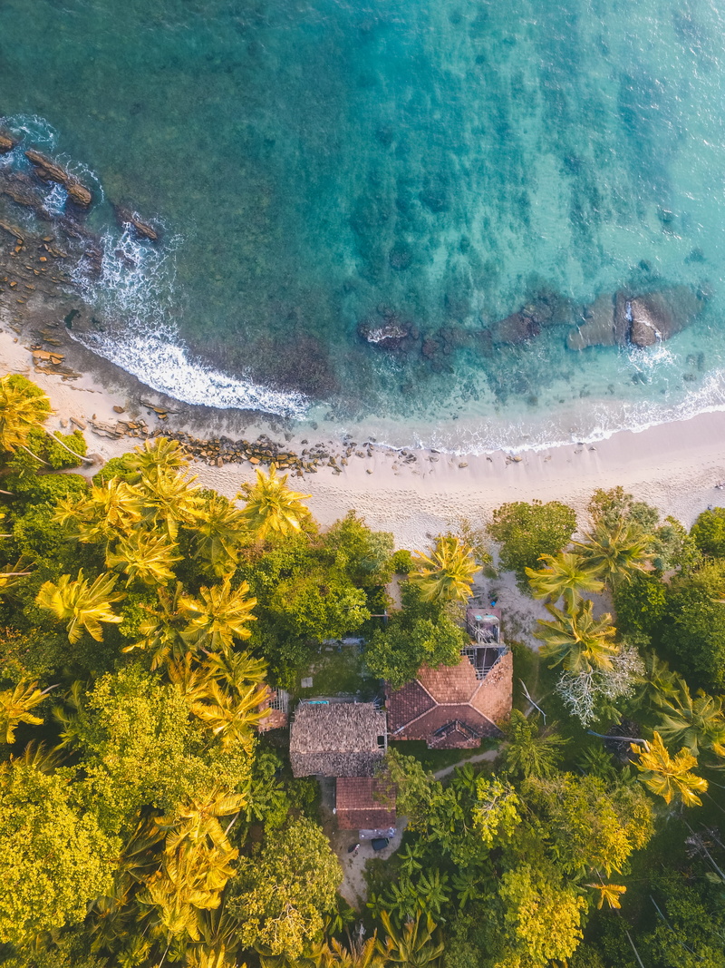 scenics - nature, above, tranquility, landscape, 4K, idyllic, beachline, green color, destination, sea, land, plant, lagoon, high angle view, high, exotic