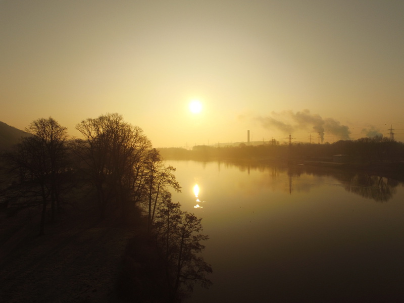 sky, sunrise, fog, lake, industry, outdoors, hagen, mirroring, no people, sunset, plant, silhouette, sun, water, tranquil scene, nature, dji, tree, aerial view