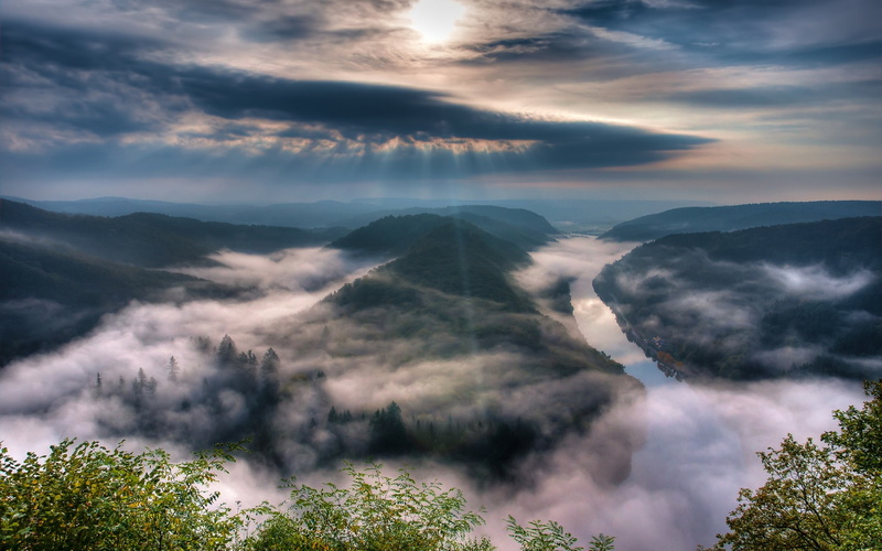River, Morning, Sky, Fog, Saarland, Germany, 1080P