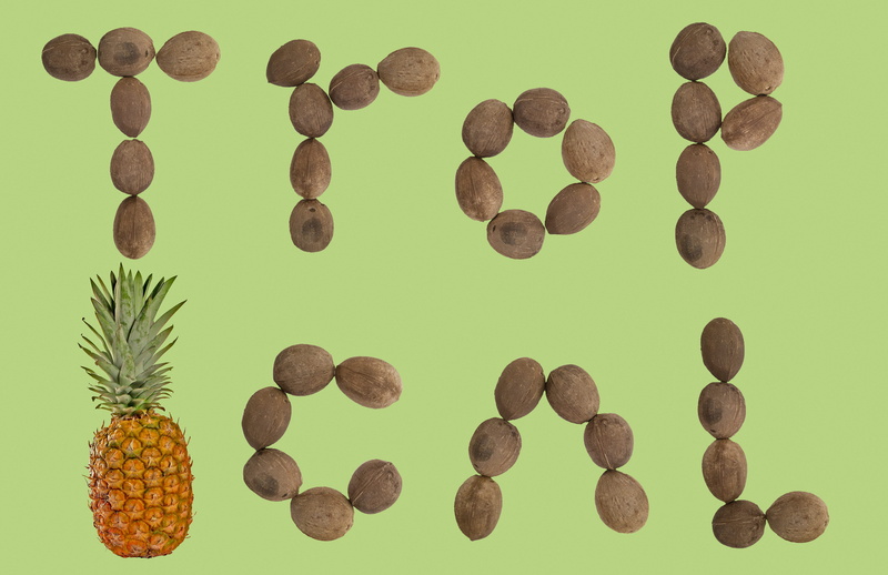 typography, breeze, tropical, food, nut, green, arrangement, healthy eating, no people, fruit, bright, choice, design, almond, 4K, digital composite, large group of objects