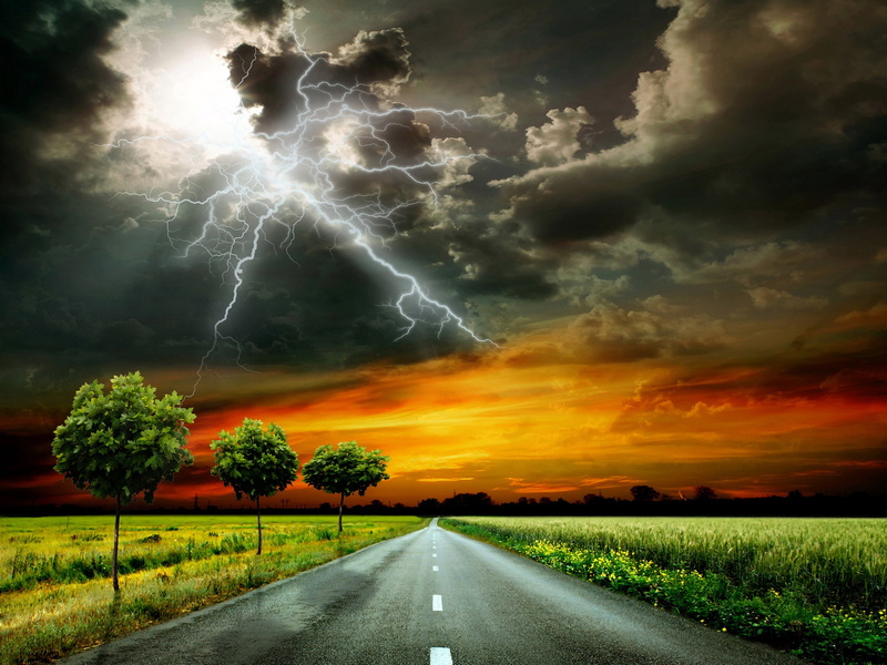 thundercloud, sky, lightning, scenery, clouds, 2K, grass, roads, trees, nature