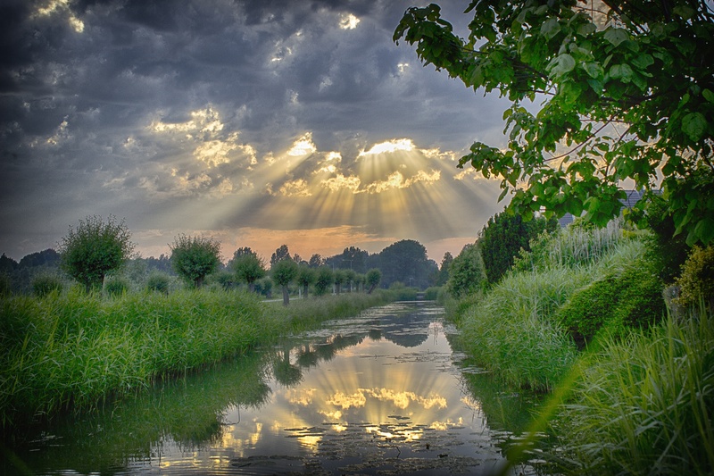 tranquil scene, thundercloud, storm, earth, force of nature, tree, no people, sunlight, sun rays, scenics - nature, landscape, cloud - sky, dark and light