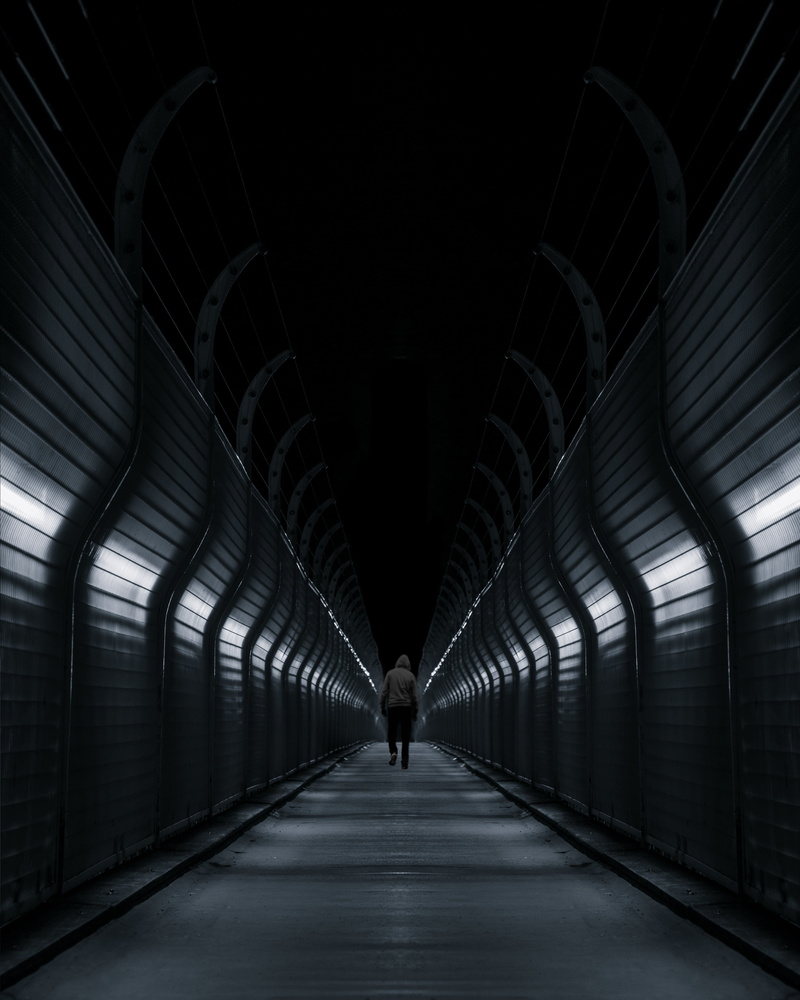 architecture, bridge, 4K, real people, indoors, ceiling, rear view, transportation, direction, light at the end of the tunnel, diminishing perspective