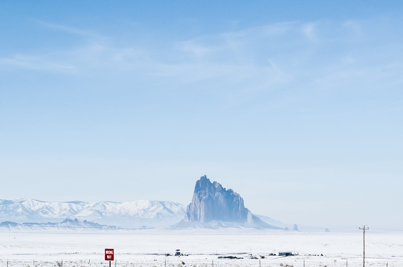 white, southwest, driving, " wrong way", desolate, snow, shiprock, nature, water, sky, beauty in nature, no people, mountain, environment, cold temperature