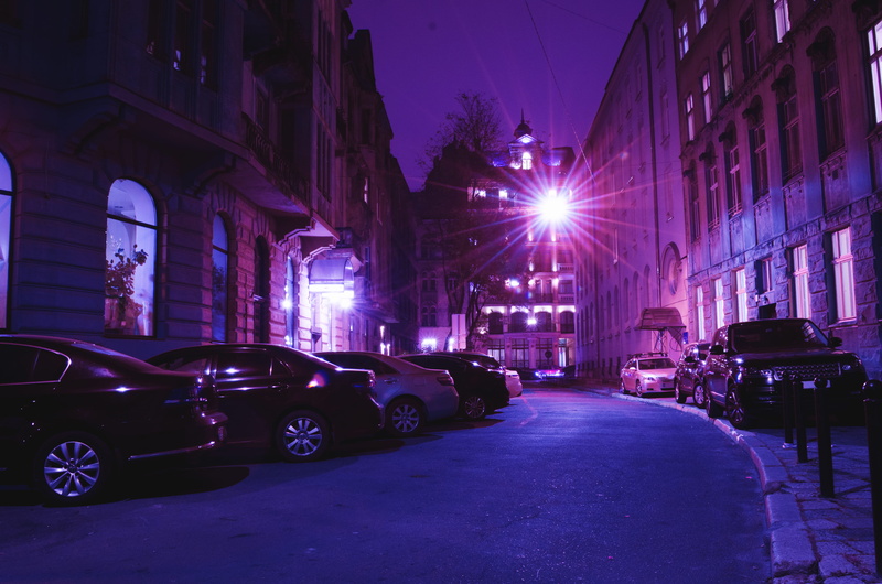 night, lviv center, building exterior, dark, motion, dead end, incidental people, yaroslava stetska street, illuminated, motor vehicle, evening, land vehicle