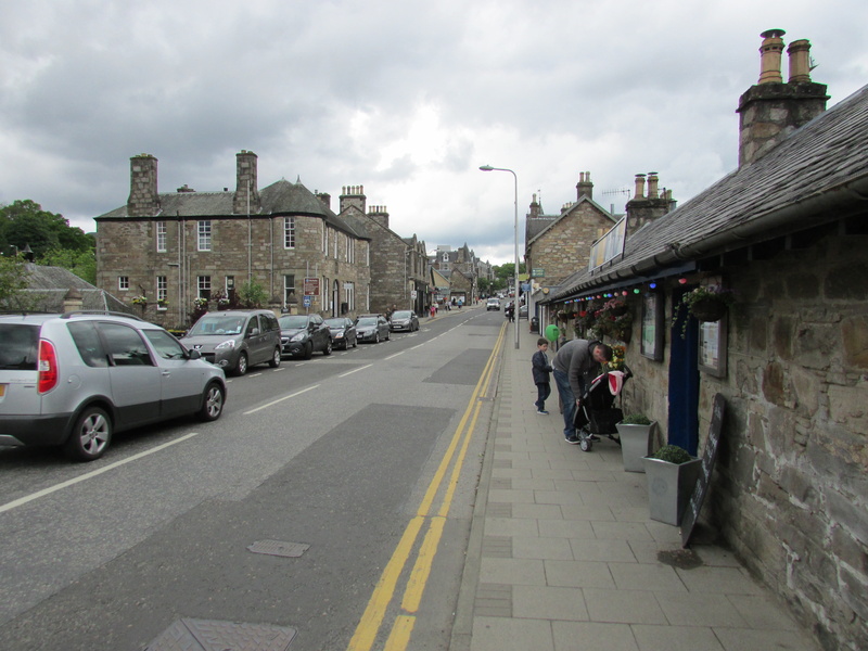 people, built structure, distance, old, mode of transportation, village, pavement, sky, distortion, building, road marking, pitlochry, architecture, full length