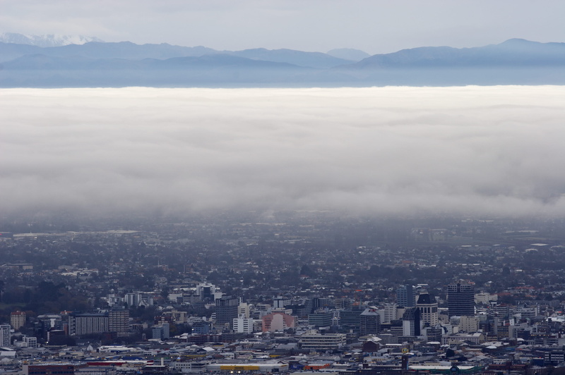 high angle view, mountain, landscape, sky, no people, building exterior, christchurch, mountains, fog, nature, residential district, architecture, 2K