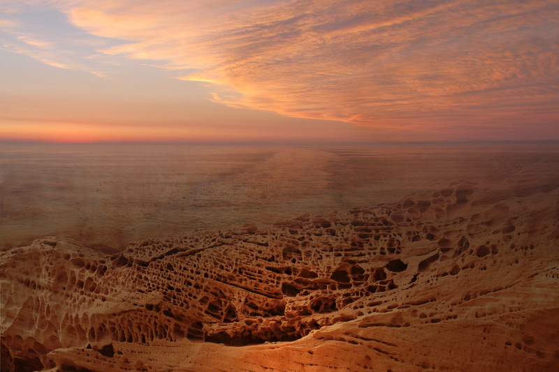 eroded, dry, horizon, desert, clouds, physical geography, sand, sky, cloud - sky, tranquility, nature, dusk, geology, idyllic, outdoors, rock, scenics - nature
