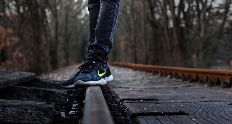 close up, human foot, day, train tracks, running shoes, unrecognizable person, rails, tree, jeans, forest, balance, shoe, run, walk, human leg, railway rails