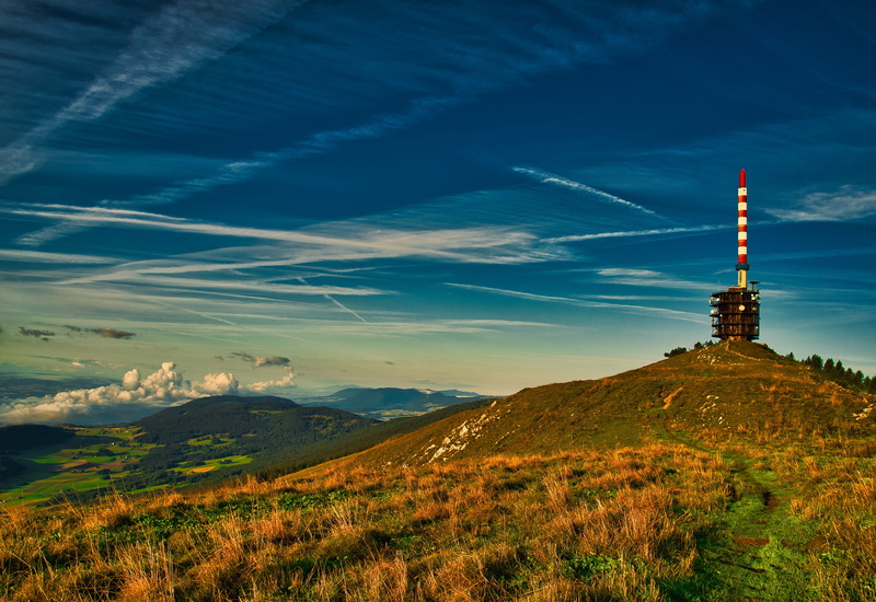 chasseral, blue, spire, architecture, wide angle, building exterior, building, cloud - sky, view, tower, beauty in nature, sky, jura, land, landscape, panorama