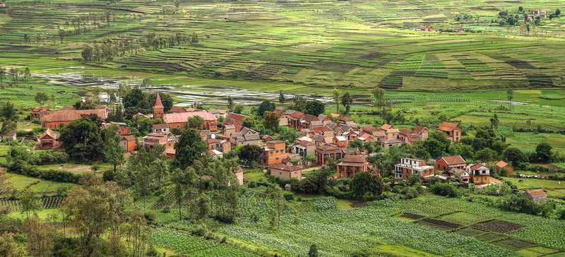 above, houses, 5K, nature, fields, madagascar, village, from