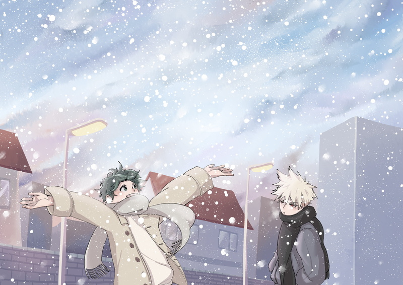 Katsuki Bakugou, Jacket, 2K, Green Hair, Scarf, Snowfall, White Hair, Street Light, Izuku Midoriya, My Hero Academia, Winter, Anime