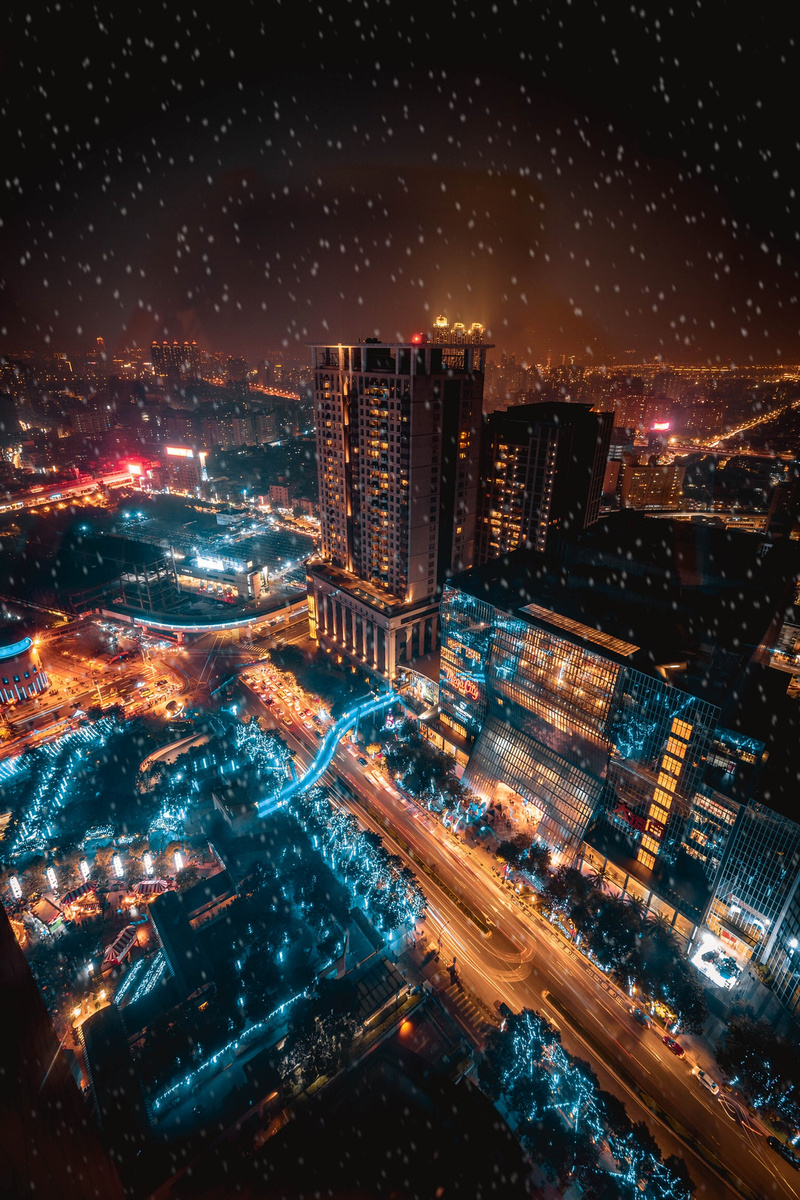 high angle view, nightlife, residential district, city life, street, tall - high, illuminated, 2K, cityscape, city lights, night city, snowfall, building exterior