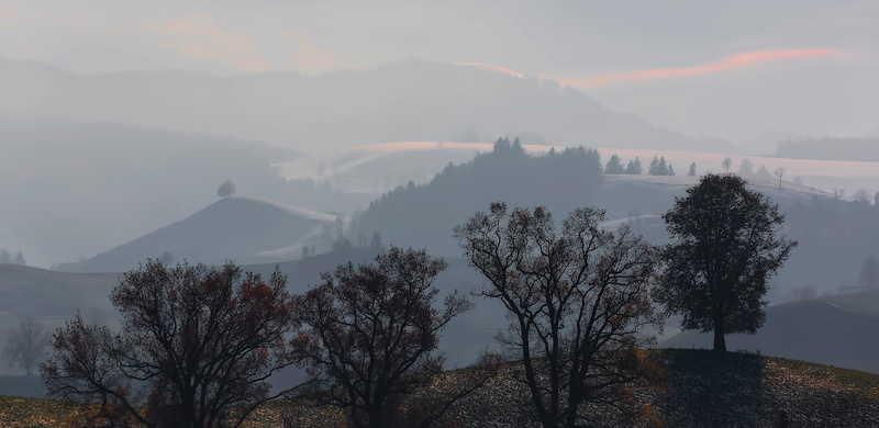 idyllic, forest, hill, sky, winter, sunset, scenics - nature, 5K, tranquil scene, cold temperature, mountain, gold, cloud - sky, hazy, snow, hirzel, nature