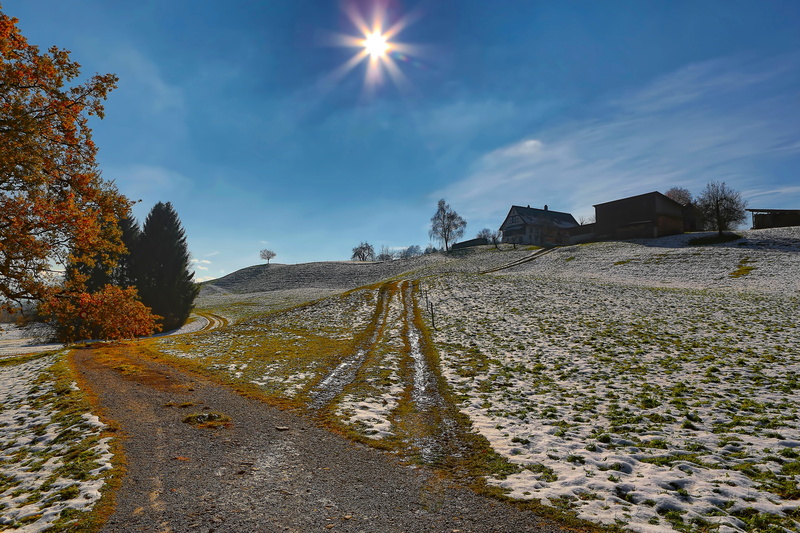 no people, outdoors, snow, spring, blue, orange, transportation, winter, awake, tranquility, road, sky, sunlight, nature, leave, direction, hill, fiel