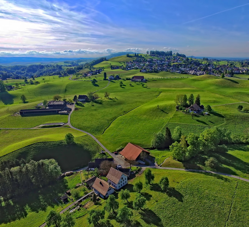 sky, schweiz, farm, city, 2K, town, environment, hills, tree, field, mountain, hirzel, houses, nature, spring, idyllic, grass, building exterior, cloud - sky