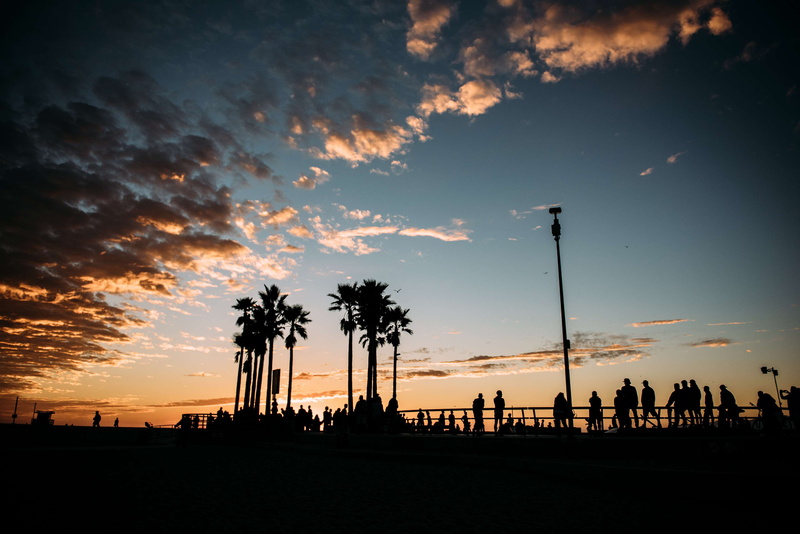 palm tree, sky, tranquility, real people, orange color, plant, land, beauty in nature, tranquil scene, group of people, sunset, cloud - sky, scenics - nature