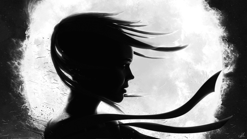 women, black and white, 2K, anime, white, sillhouette, black, connie, hot, x, art, wind, nielsen, sun, monochrome, hd
