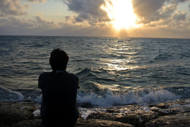 seashore, horizon over water, scenic, idyllic, hour, 1080P, scenics - nature, wave, sitting, land, horizon, one person, rear view, Sunset, weather, sun