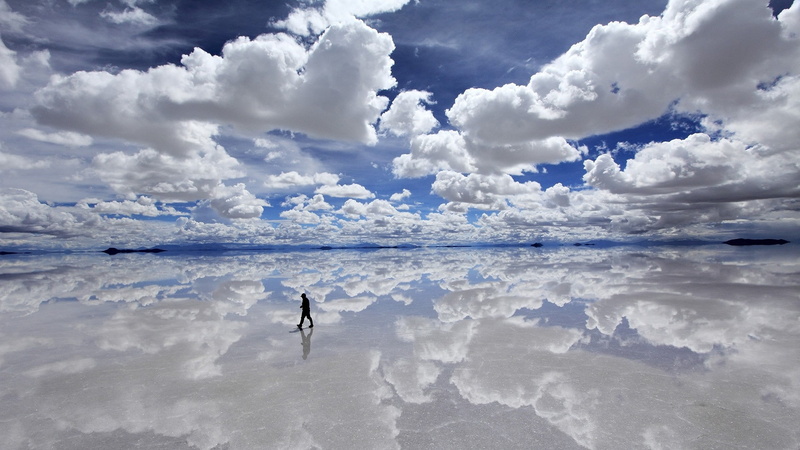1080P, reflections, man, Clouds, sillhouette, bolivia, season, skies, horizon, nature, blue, rainy, seasons, distant, bright, hd, lone, art