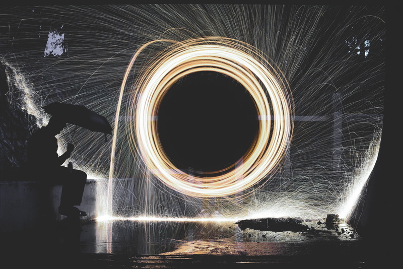 sillhouette, spinning, wire wool, glowing, geometric shape, day, spin, metaphor, light - natural phenomenon, circle, fire, illuminated, digital composite