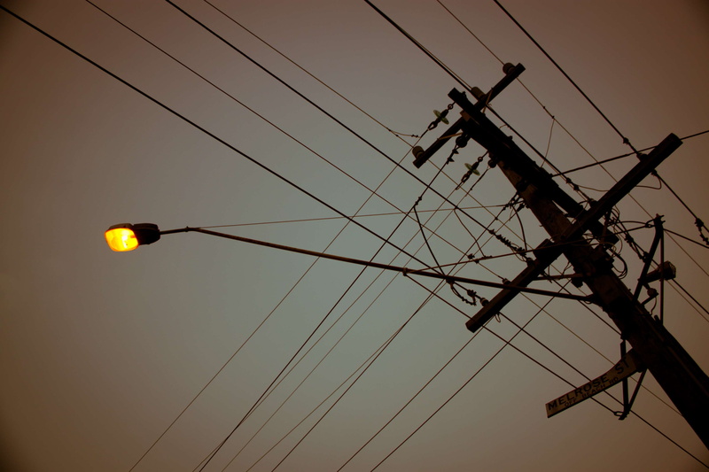 low angle view, street lamp, electricity pylon, cable, illuminated, connection, dark urban, complexity, no people, 4K, power supply, powerlines, nature