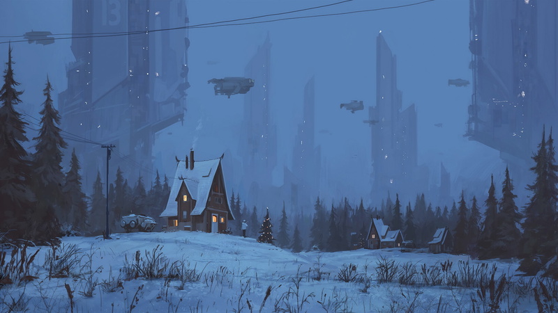 science fiction, digital art, snow, grass, cyberpunk, space shuttle, powerlines, artwork, winter, Christmas, digital, 2K
