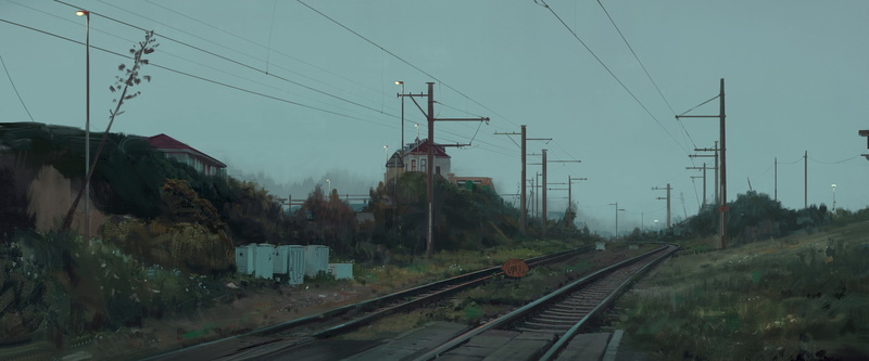 railway, Jonny Sun, utility pole, house, digital art, 4K, powerlines