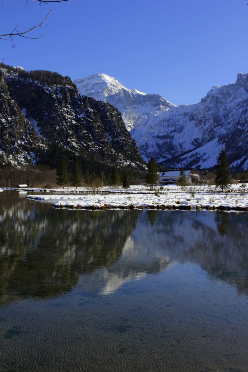 bank, idyllic, summit, romantic, silent, idyll, winter, mountains, nice weather, water, mountain, nature, scenic, mirroring, snowcapped mountain, of course