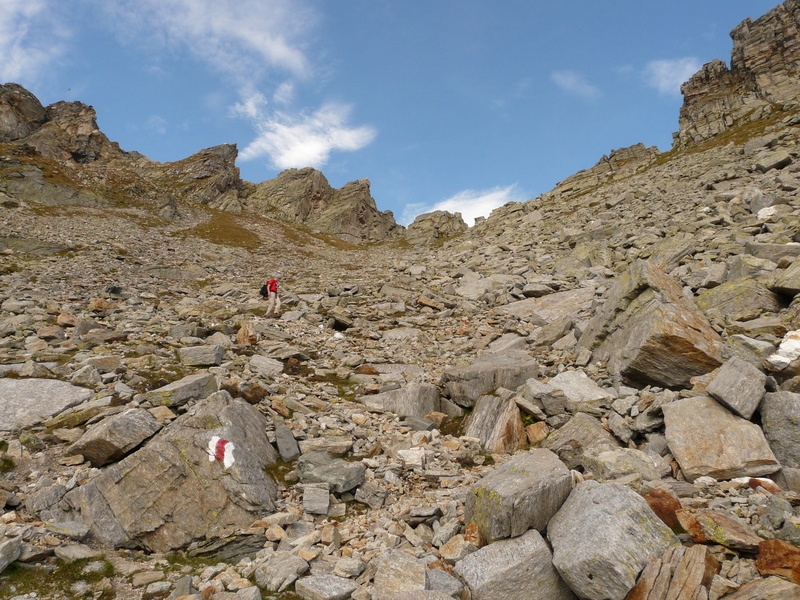 adventure, real people, scree, rock - object, lifestyles, landscape, sky, beauty in nature, mountain range, leisure activity, mountain, day, rear view