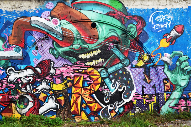 outdoors, mural, animal representation, crazy, male likeness, cartoon, wall - building feature, craft, creativity, multi colored, representation, wall street art in a public place
