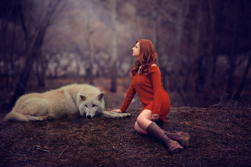animals, relaxation, forest, land, hair, tree, contemplation, hairstyle, pets, women outdoors, wolf, woodland, young adult, mammal, one animal, full length