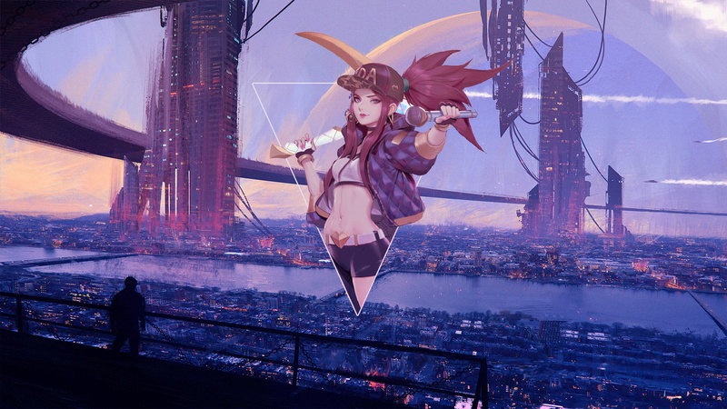 landscape, Photoshop, Akali(League of Legends), digital art, anime girls, picture-in-picture, anime, anime landscape, 1080P, League of Legends, pictures