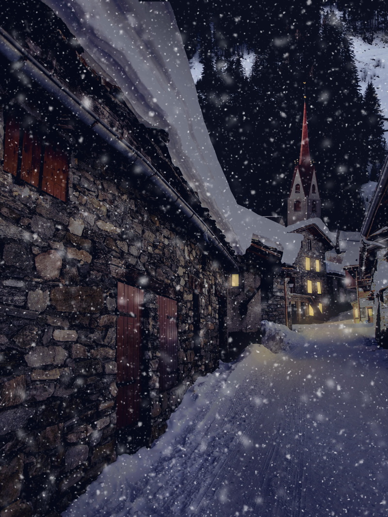 city, atmospheric winter landscape, twilight, snowing, winter village, evening, extreme weather, building exterior, lighting, frozen, snowy light mood