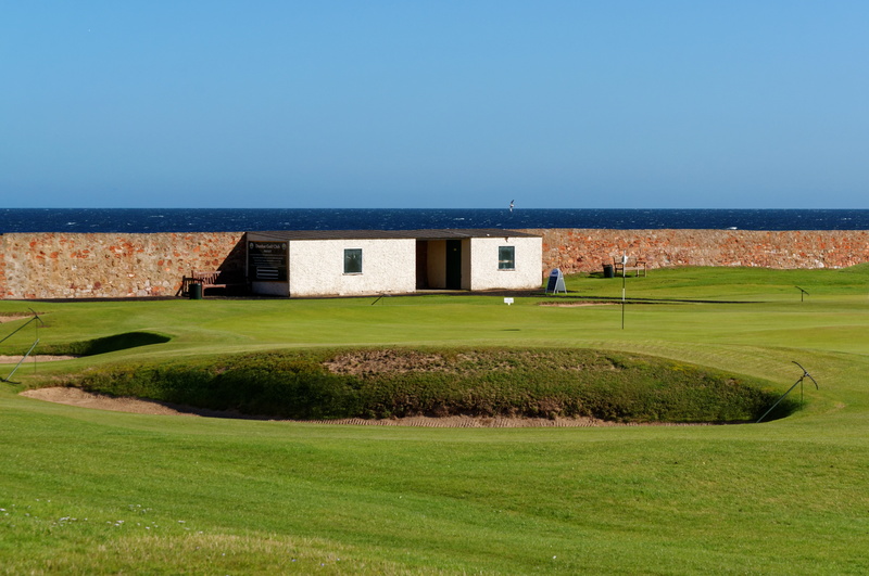 landscape, Golf Course, color Image, wall, plant, day, golfers, flag, blue sky, house, outdoors, grass, building Exterior, built Structure, green, bunker