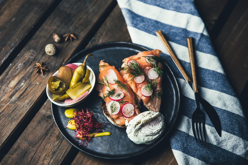 high angle view, ready-to-eat, garnish, photo, plate, 4K, Food, table, freshness, salmon, Wood, wellbeing, food and drink, Dinner, no people, plated, healthy eating